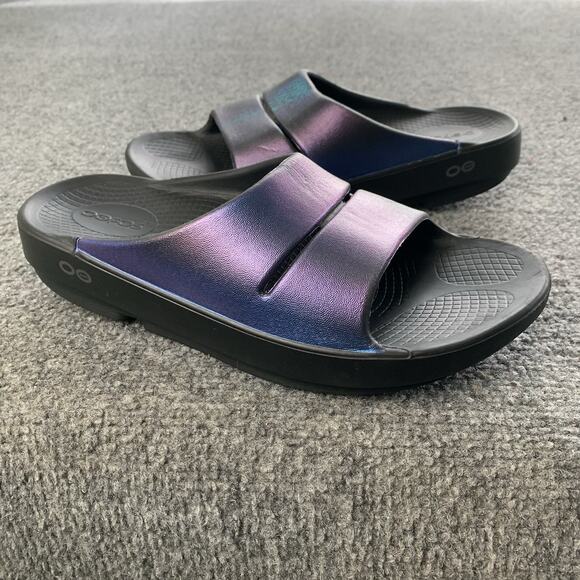Oofos Ooahh Slides Women Size 7 Black Purple Lightweight Recovery Sandals Rubber - Picture 1 of 13